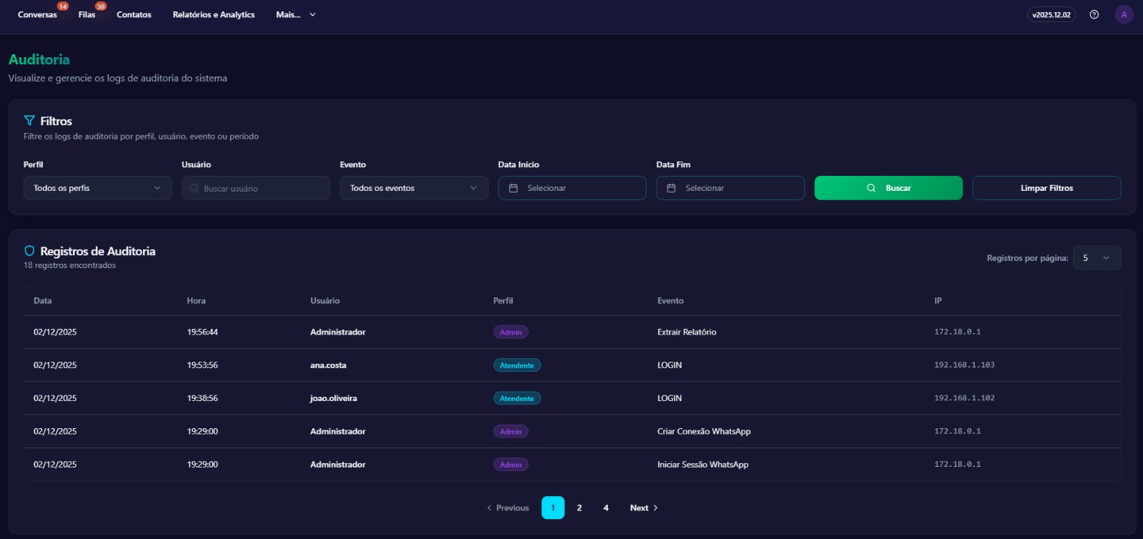 Painel de configurações e ajustes